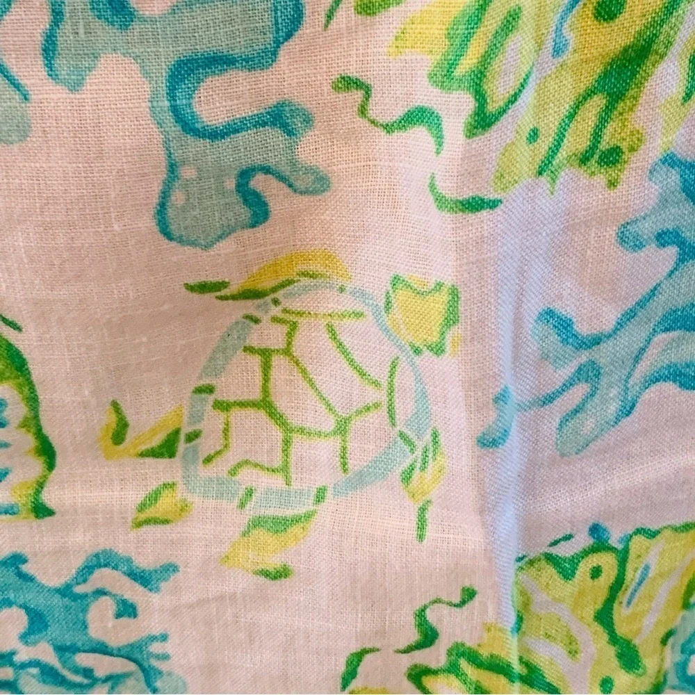 J Jill Love Linen Tunic Blouse Top Size M Blue Green Sea Turtle Print *flaw Read